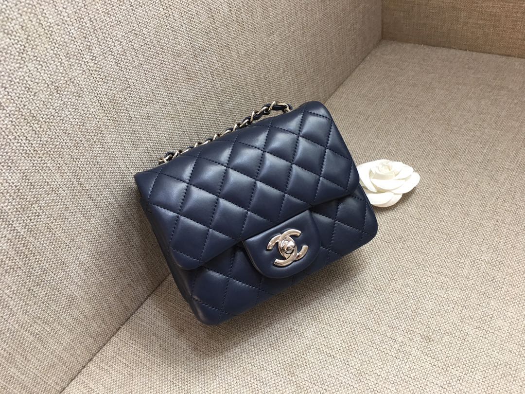 Mini Classic Flap Lambskin Bag A01115 Dark Blue/Silver